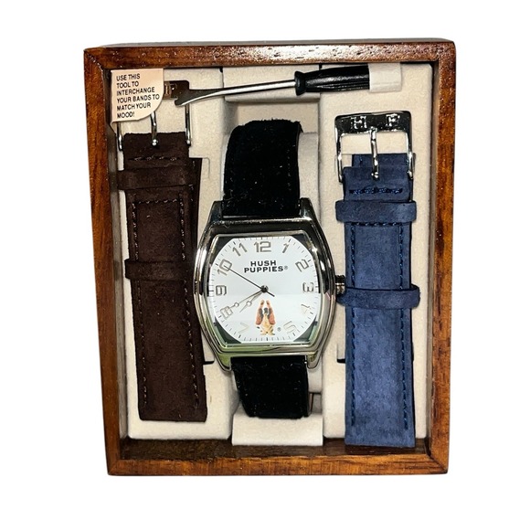 Vintage Hush Puppies Quartz Watch •Black Blue Brown Suede Bands NIB Very Rare - Picture 2 of 12